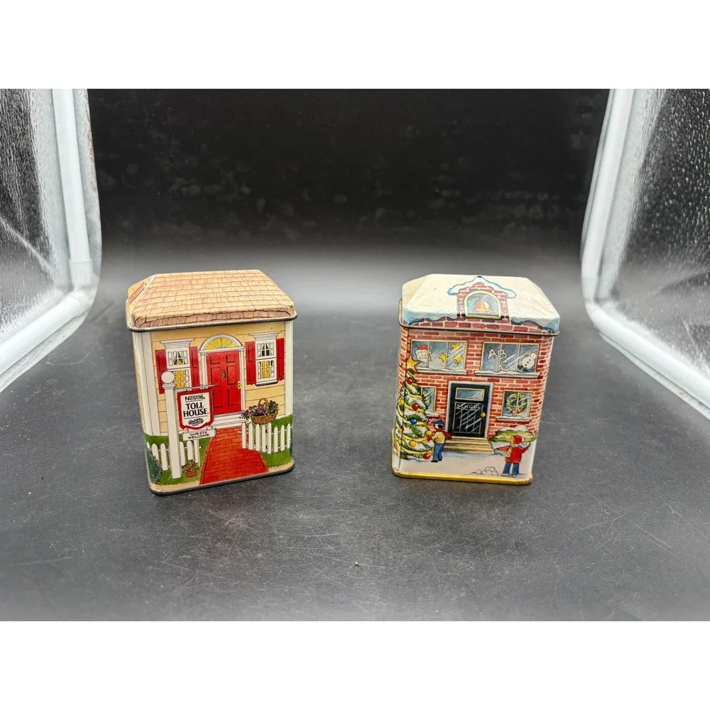 Vintage Nestle Toll House Cottage & Tin Box Co Schoolhouse Christmas Tins Set 2
